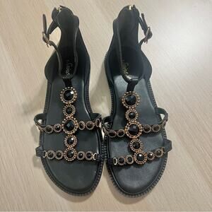 Saint G Lauren Black Leather Sandals with Gold Accents